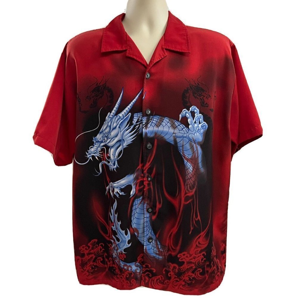 Vintage Odo Mens Red Double Graphic Dragon Button Front Shirt Large Animal Print